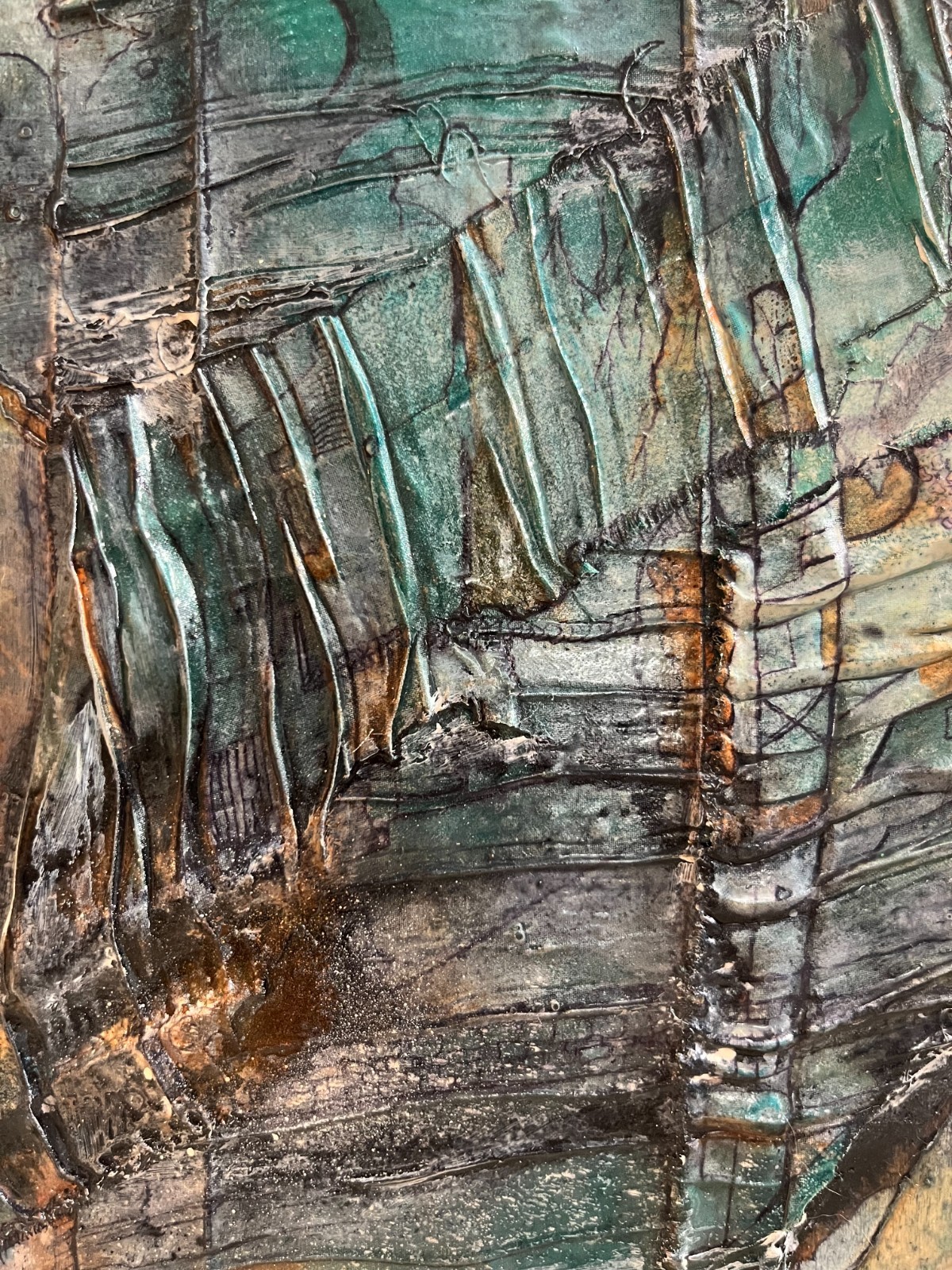 Signed “Guilly” Contemporary Mixed Media Abstract Painting Textural Urban Indust