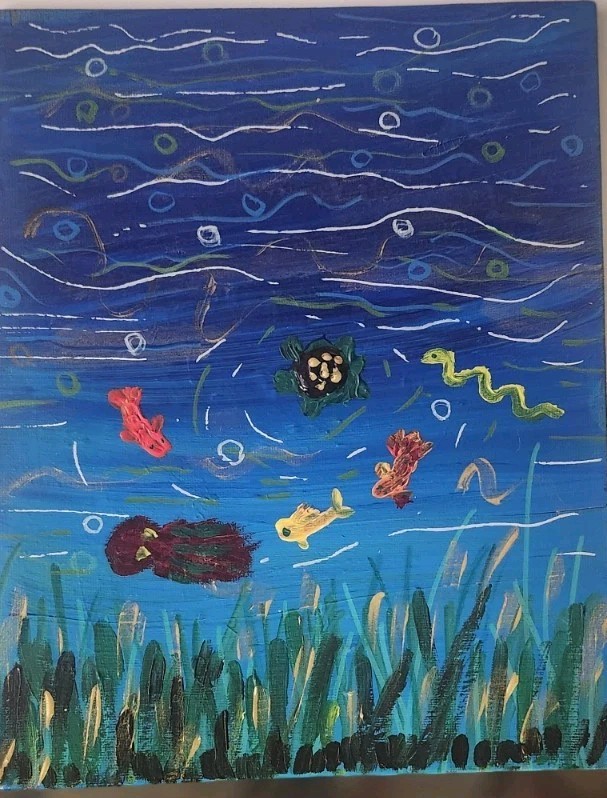 Koi Turtle Pond Acrylic Painting Whimsical Lake Art Original 8×10