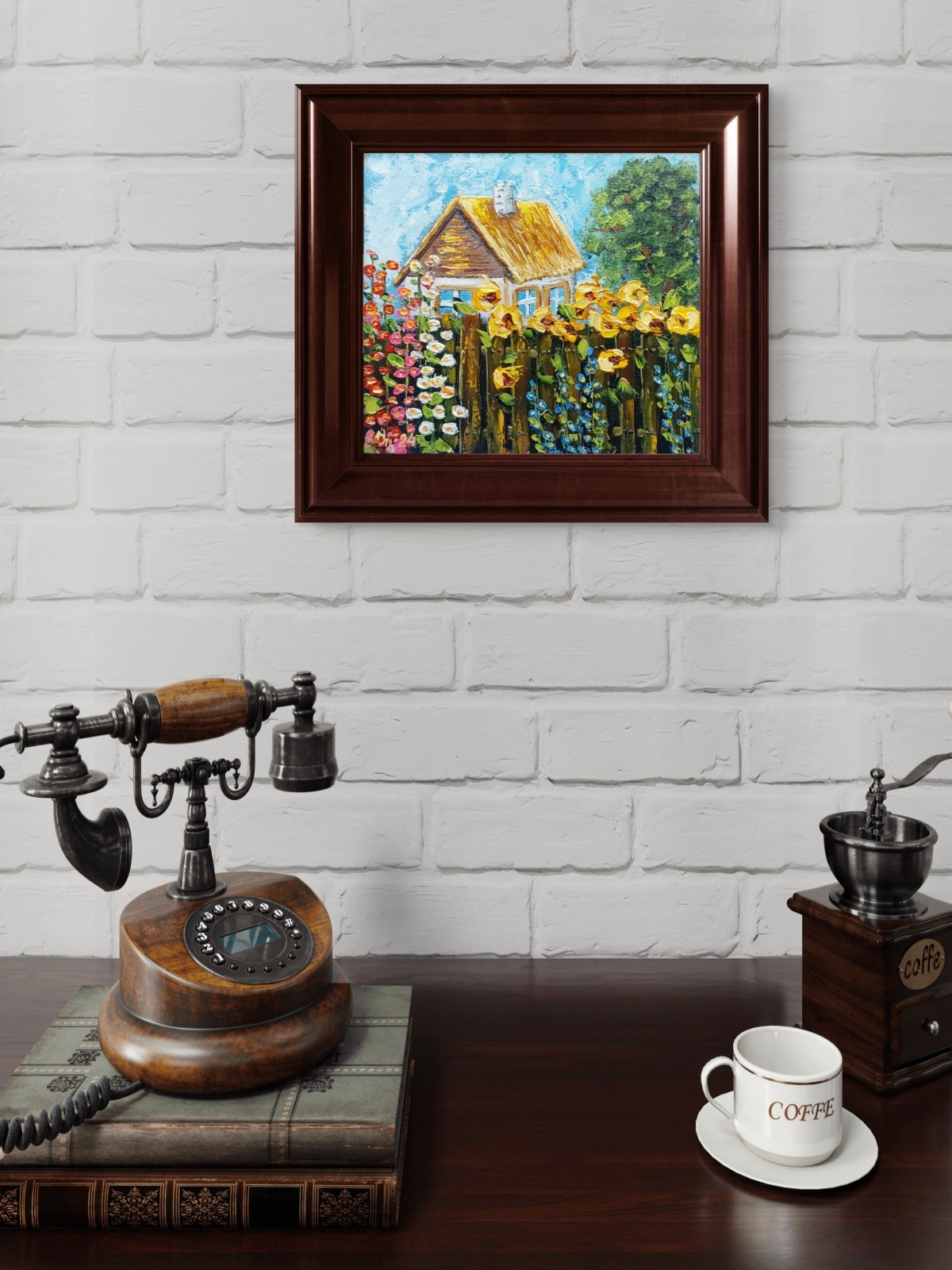 Original Rustic Cottage Painting with Sunflowers, Farm Art, Oil on Canvas 7×8 in