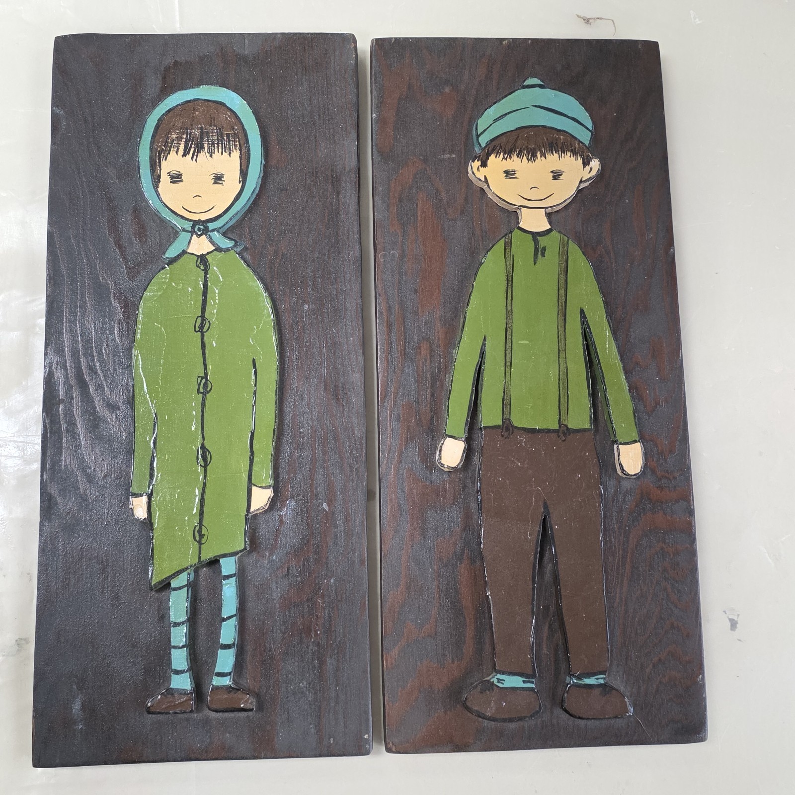Flavia Disneyland Hotel Hand Painted Girl and Boy Wooden Cutouts Folk Art VTG