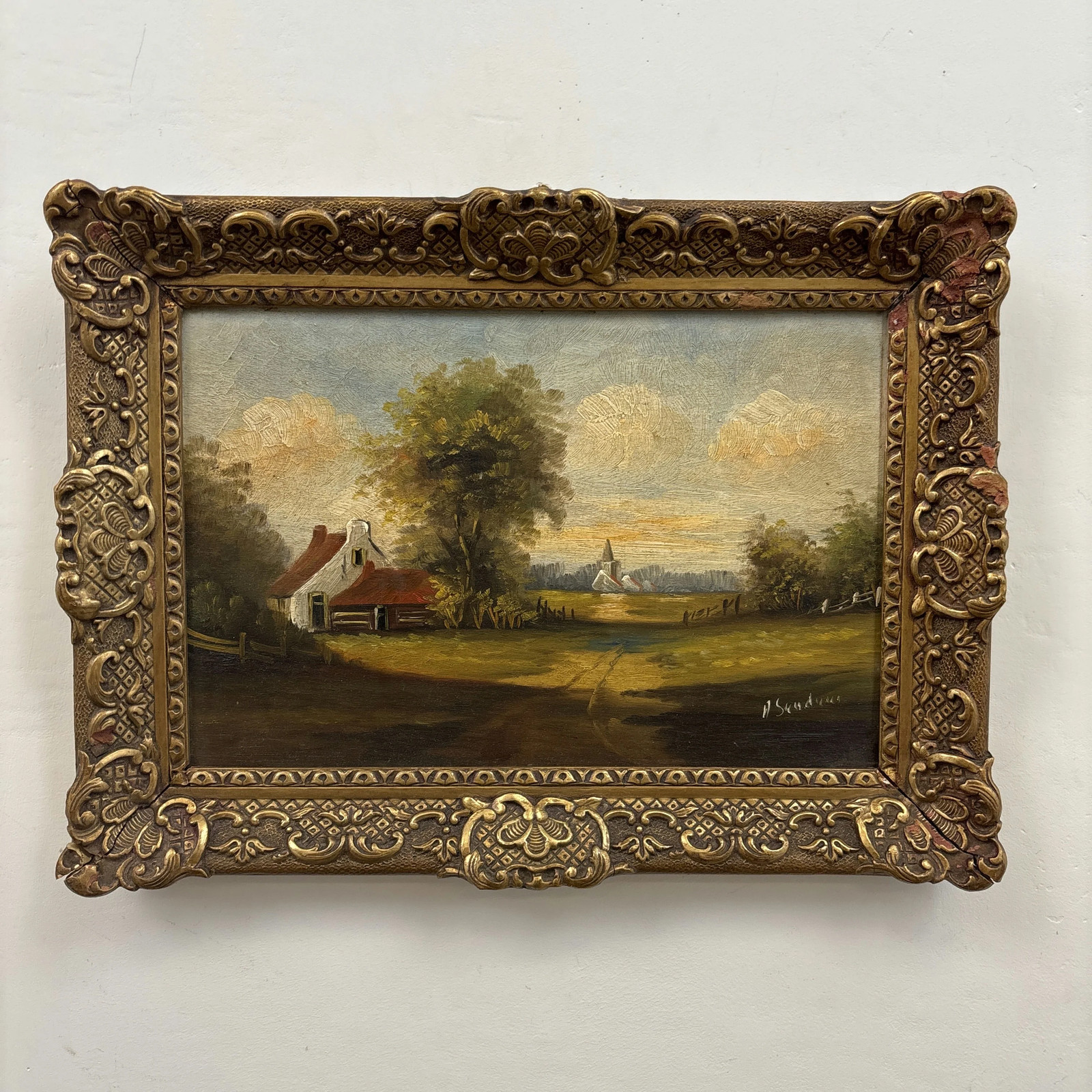 Classic Landscape Oil Painting «Country Cottage» Elegant Dutch Artwork