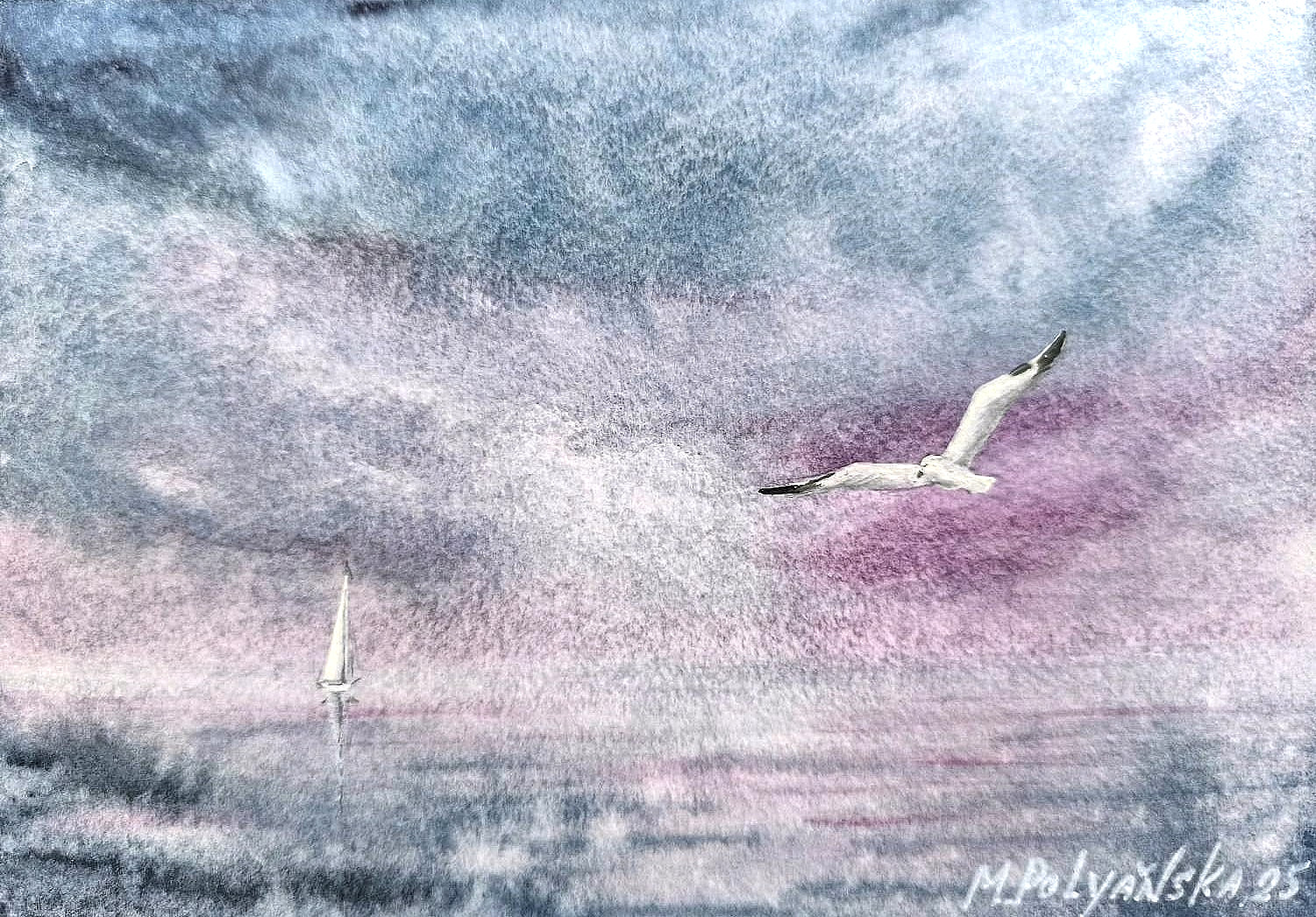 BIRD SEAGULL FLY CLOUDY SKY Original Art Painting Landscape Seascape Sig Gift A5