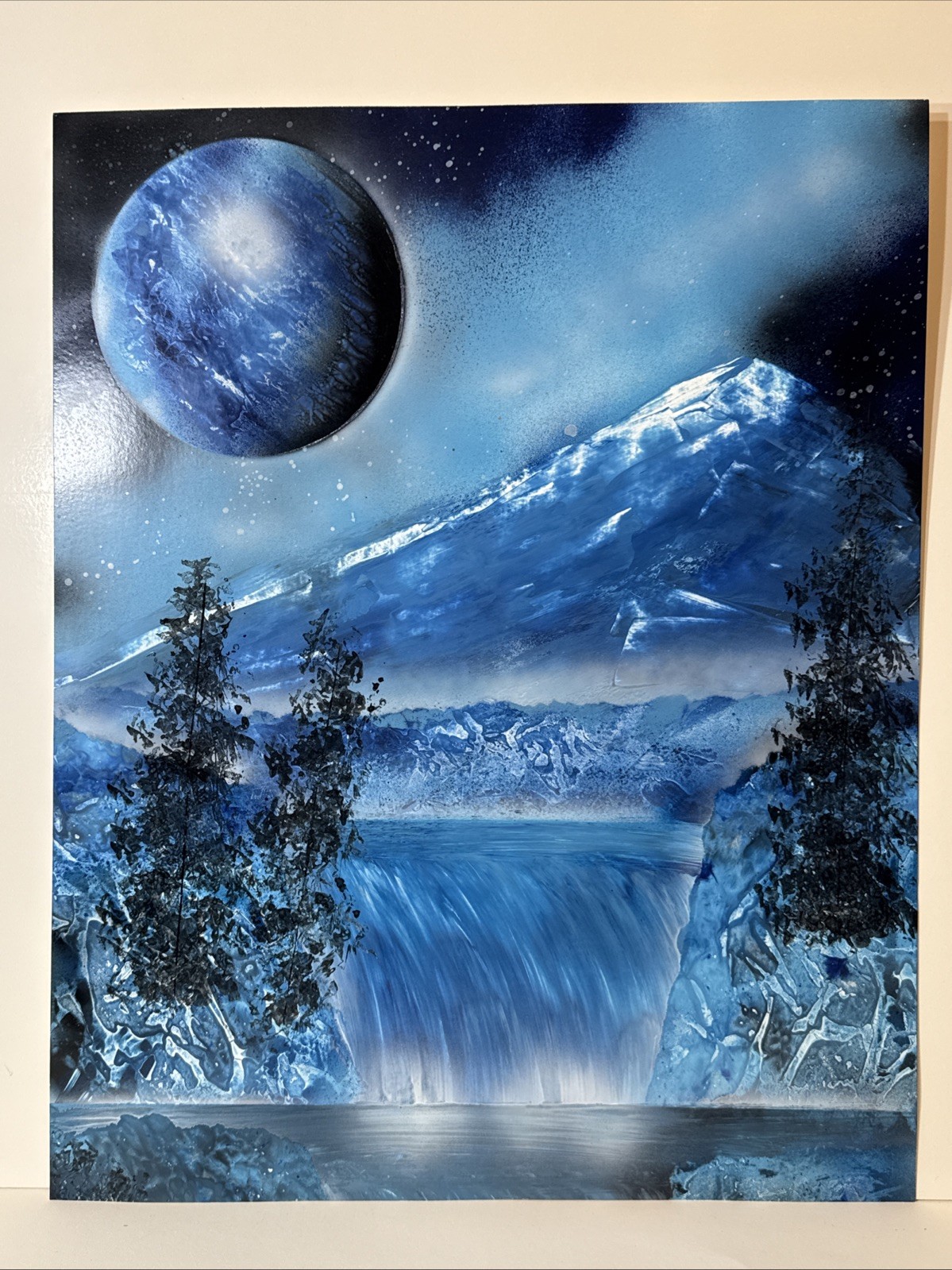 Outer Space Painting A Planet Mountain Waterfalls Landscape Mixed Media