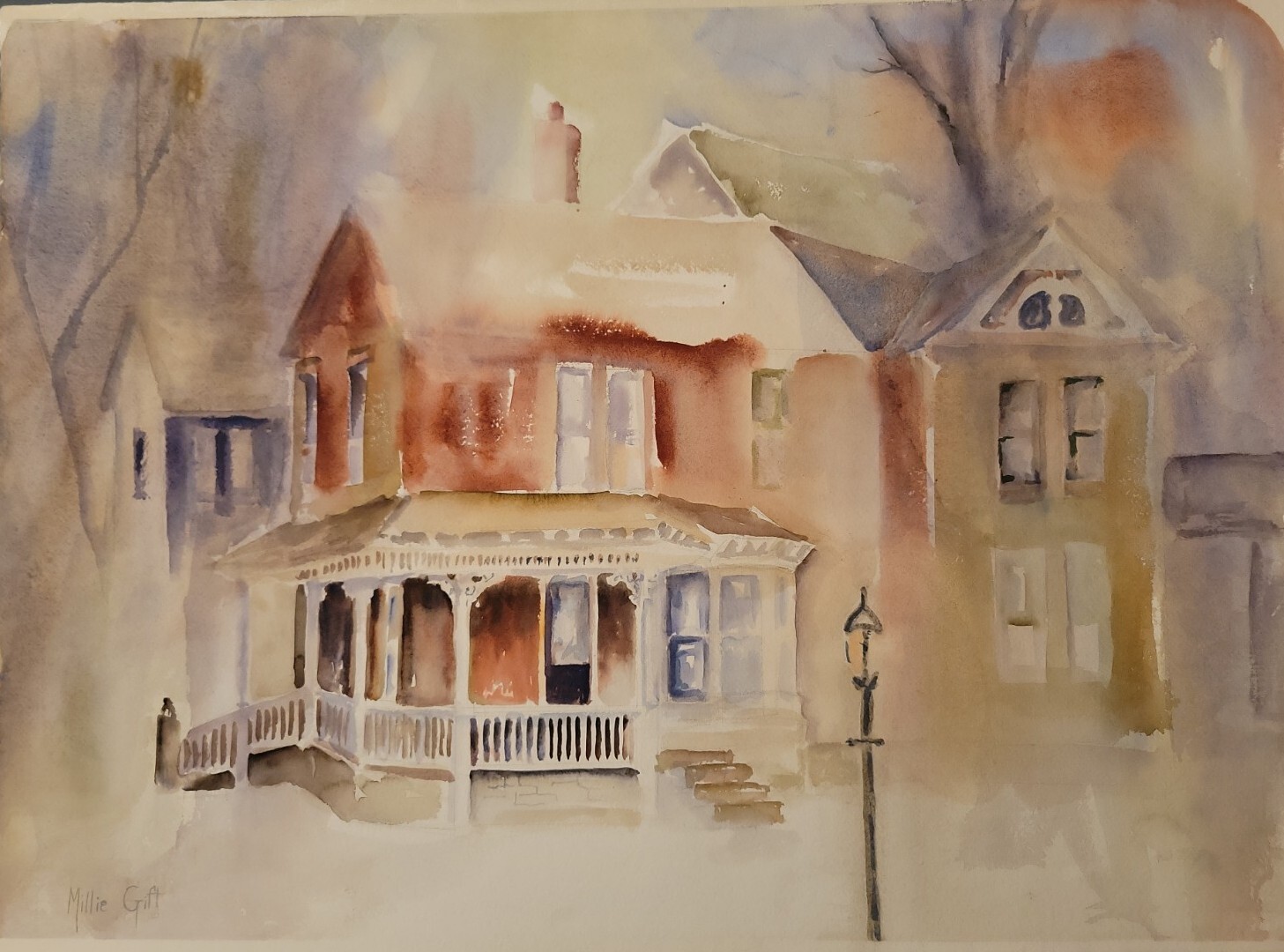 Millie Gift Smith Original 22″x30″ Watercolor Landscape «House on the Corner»