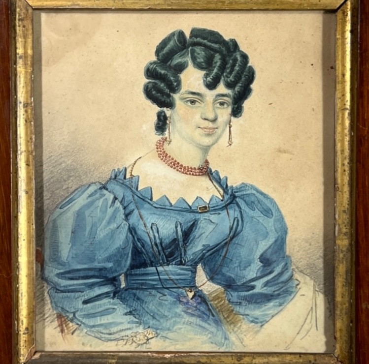Antique 1830s Colored Lithograph portrait young Woman Wood Framed 7”x 8”