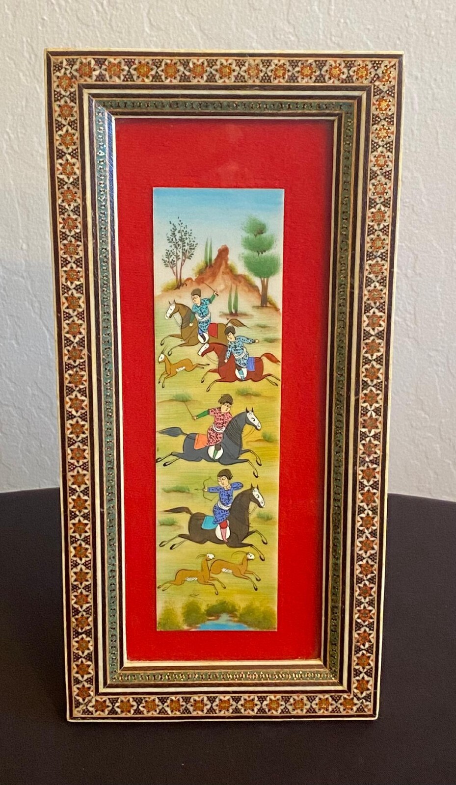 Persian Hand Painted Camel Bone Artwork in Wood Khatam Marquetry Frame Folk Art