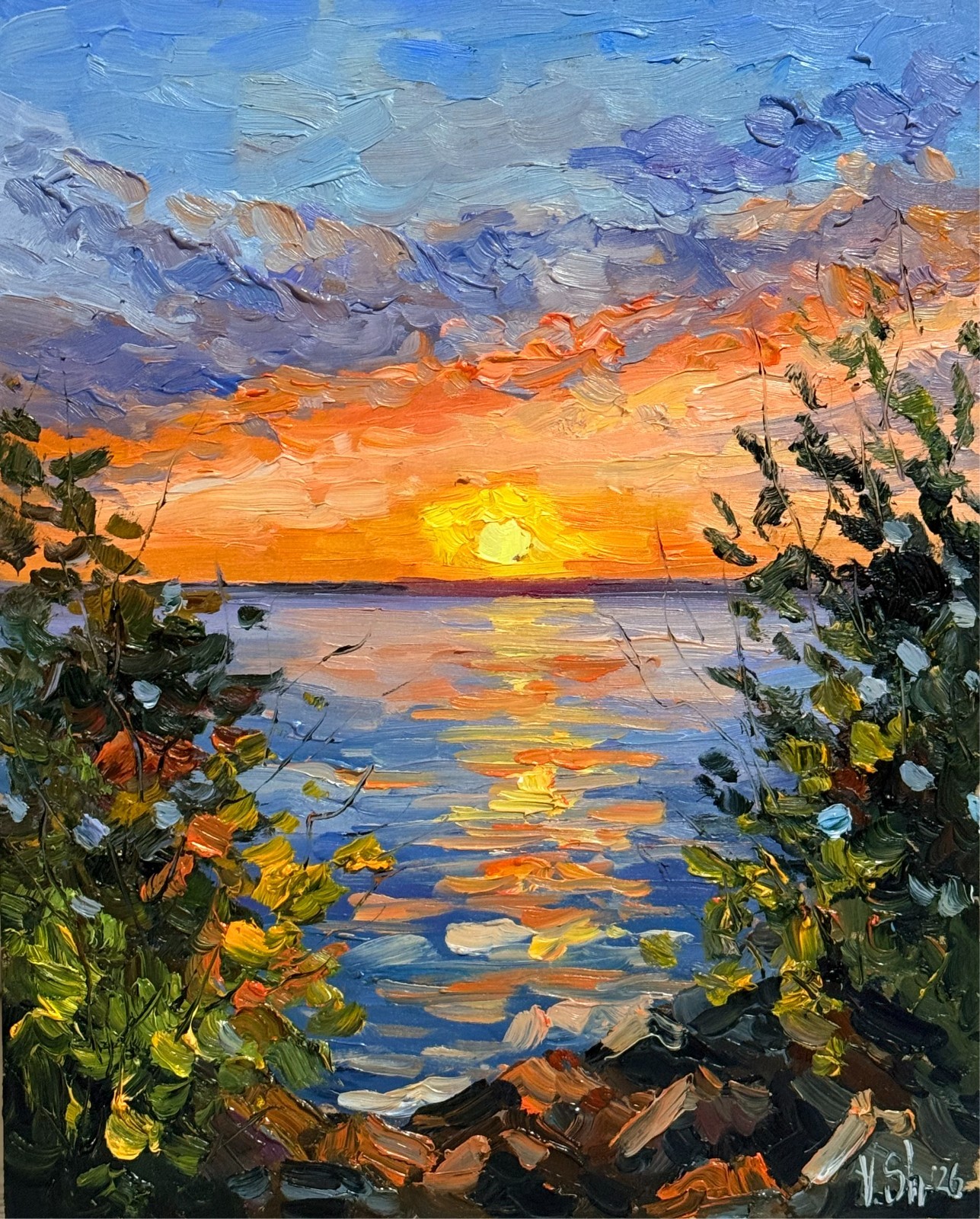 SUNSET RIVER AUTUMN LANDSCAPE ORIGINAL Impressionism Art Oil painting Signed