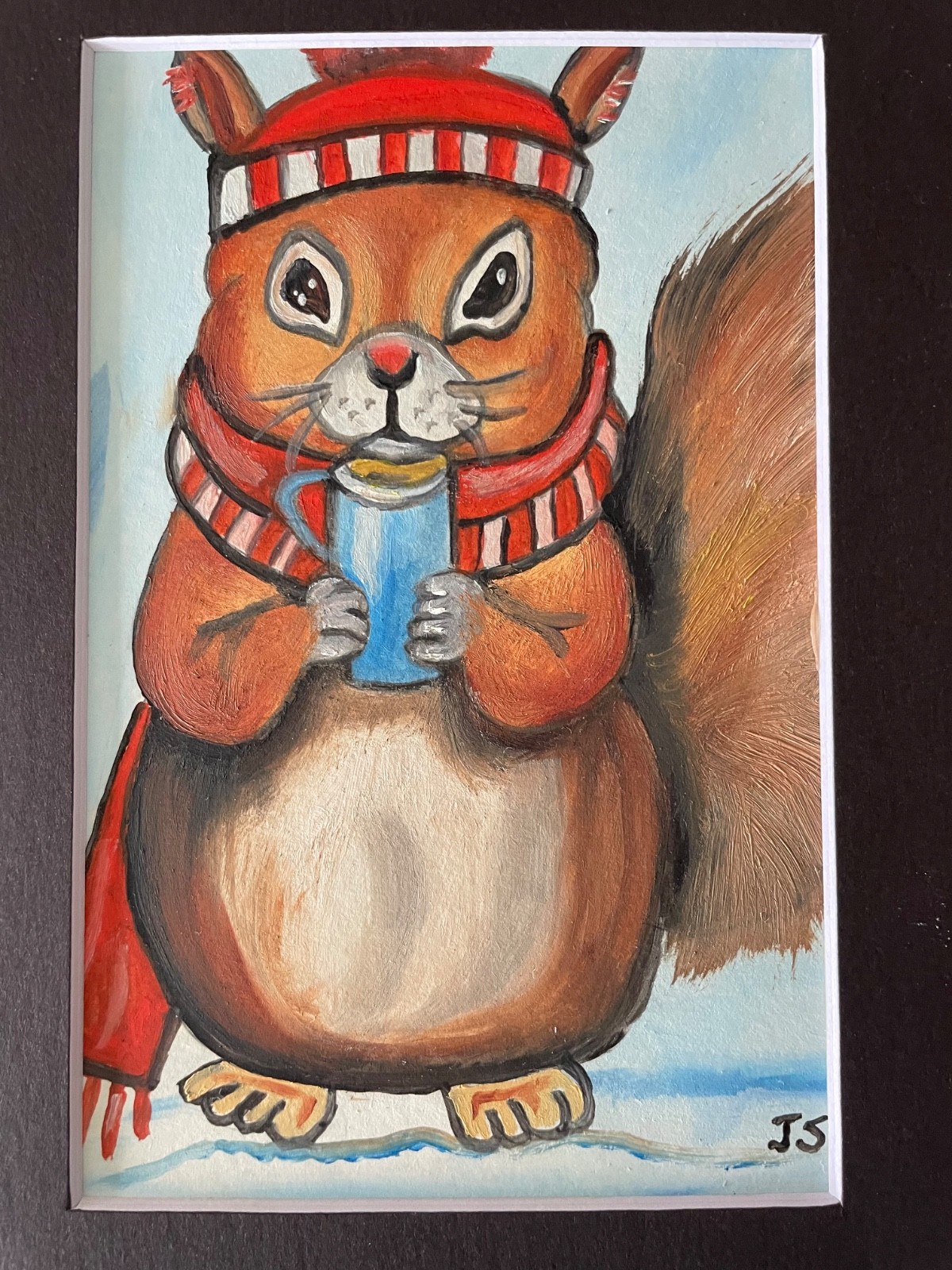 Original oil painting 5 x 7 in including black matte-Free Shipping- squirrel