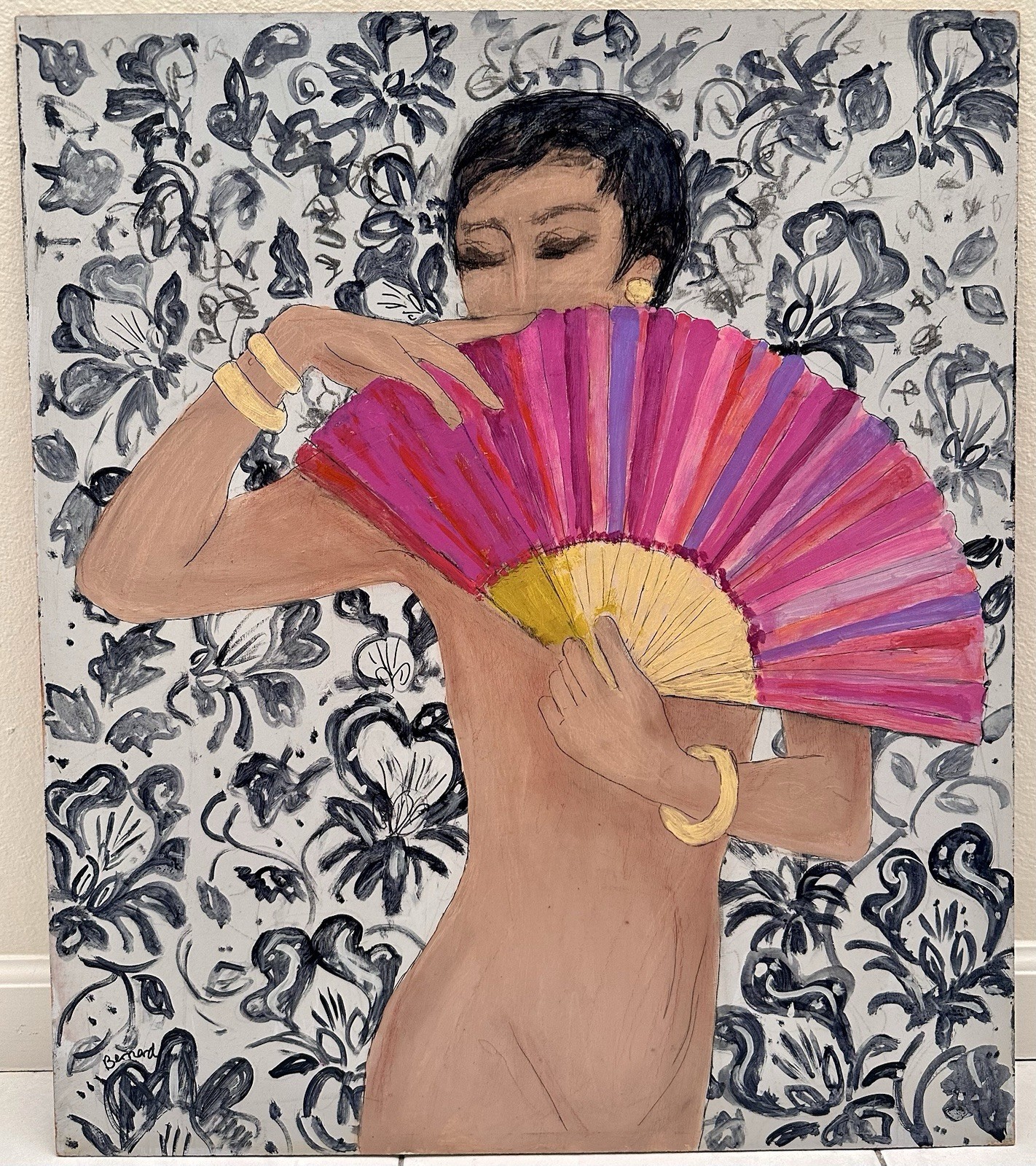 Vintage Bernard Runte 1995 Figurative Art Painting Nude Woman Fan 24×28