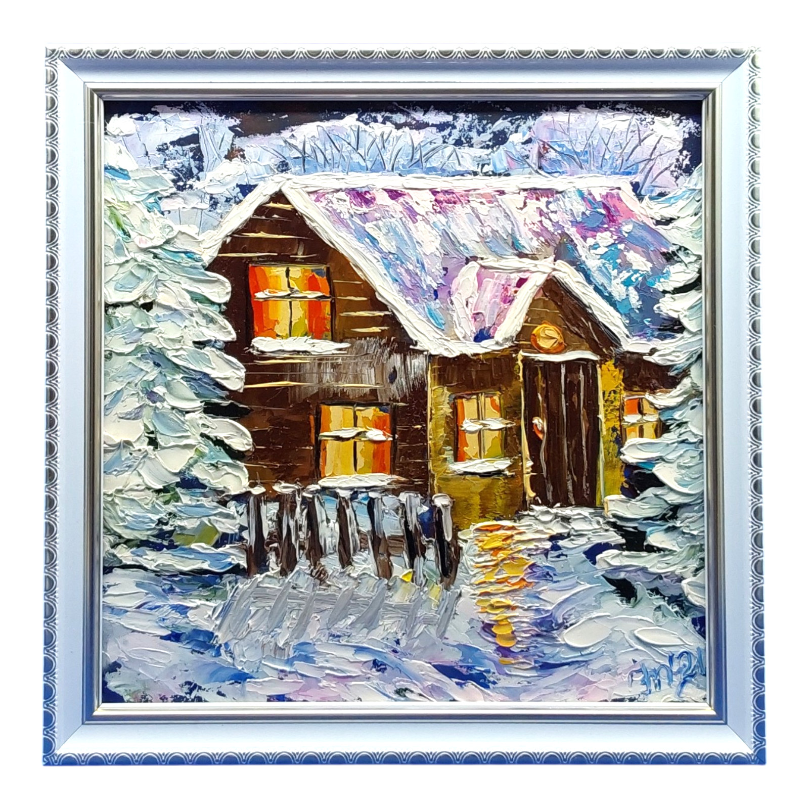Winter Cottage Oil Painting 8×8 inch Framed Textured Palette Knife Snowy House