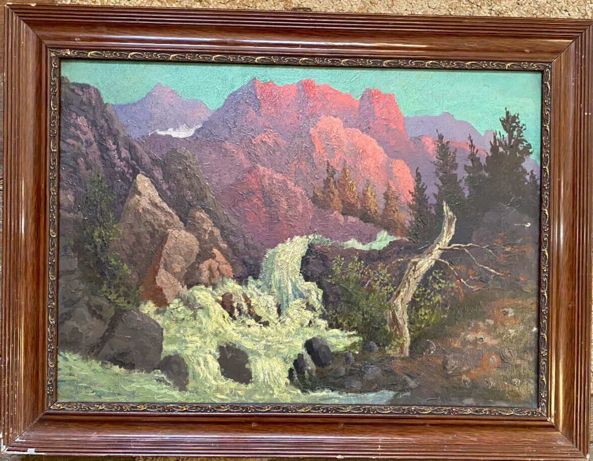 ::OIL PAINTING WATERFALL LANDSCAPE IN THE MOUNTAINS WITH ROCKS AND TREES