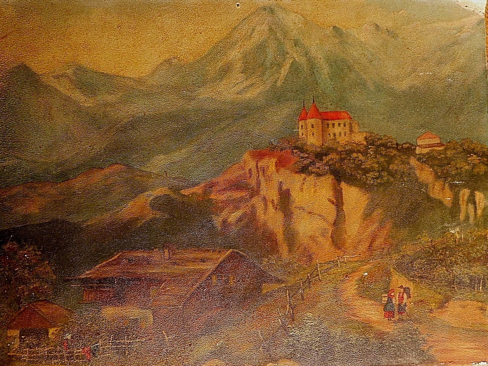 Painting Oil ? Unknown Artist Castle Mountain people on path Unsigned Board Poor