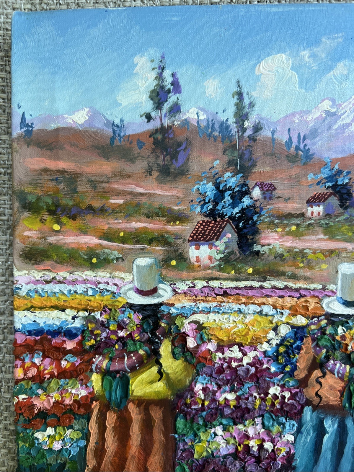Original Peruvian Oil On Canvas Painting Indigenous Women Flowers Signed Cadillo