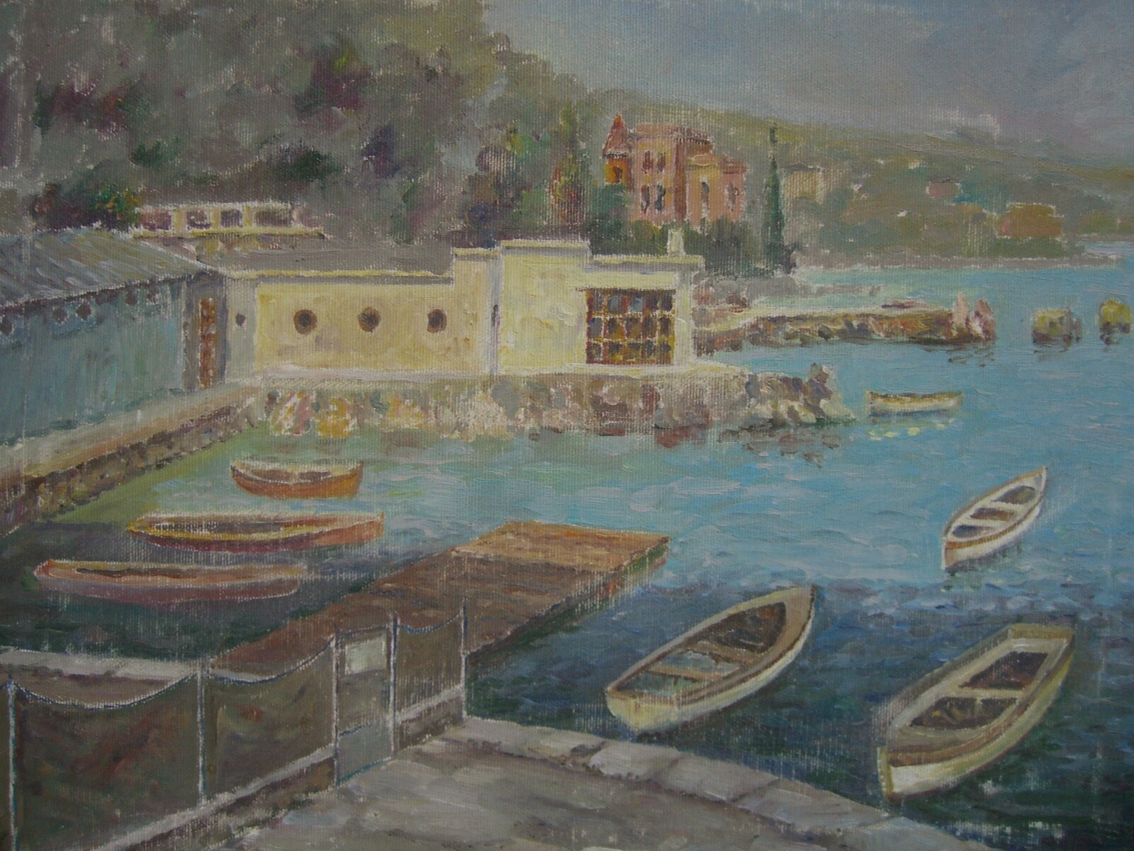 ::ÖLGEMÄLDE MEDITERANE UFERPROMENADE BOOTE AM STEG STADTANSICHT HÄUSER