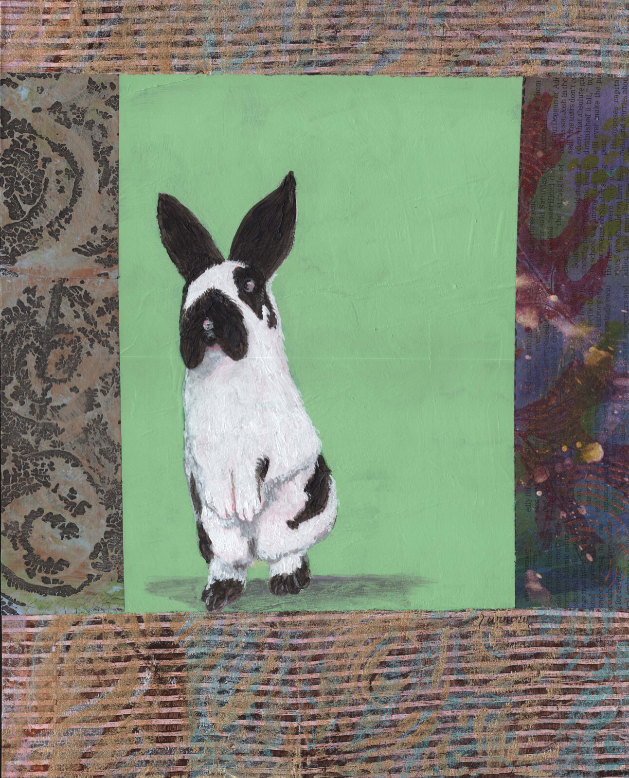 ORIGINAL ART COLLAGED PAINTING B&W BUNNY 14×11 USA BY SUE FURROW