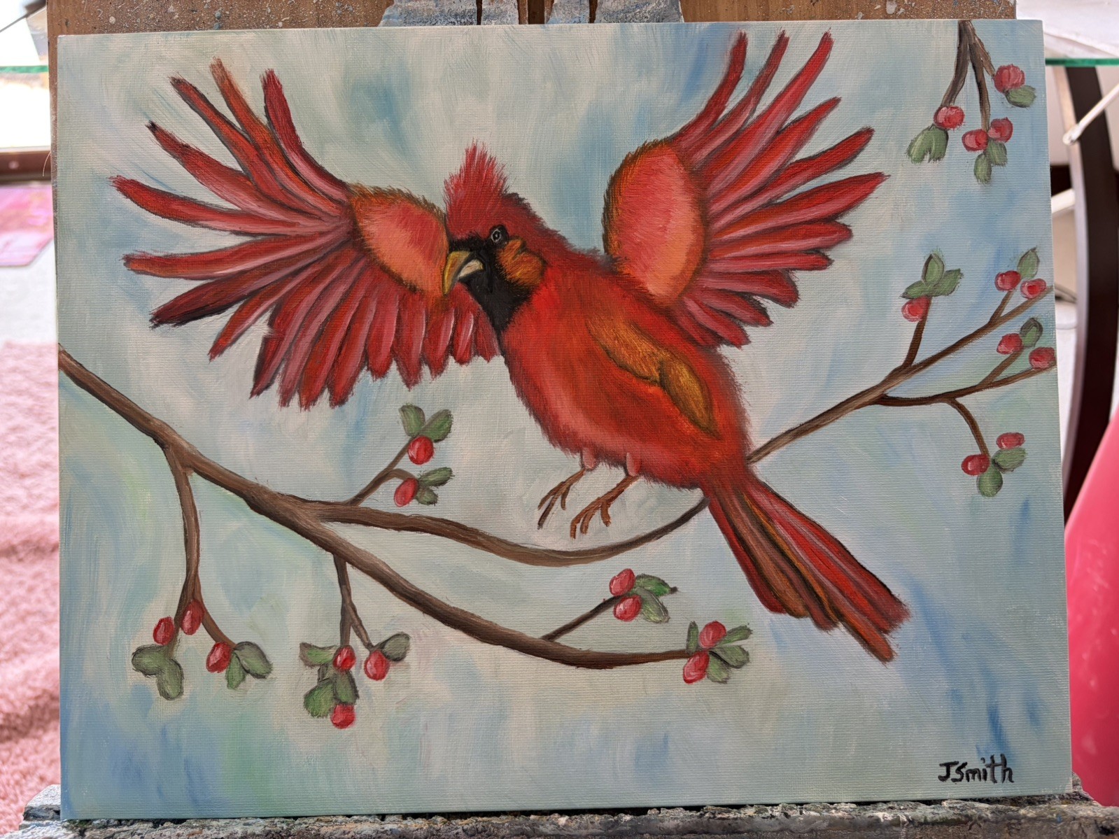 Original oil painting art on canvas 11 x 14 in portrait red bird cardinal