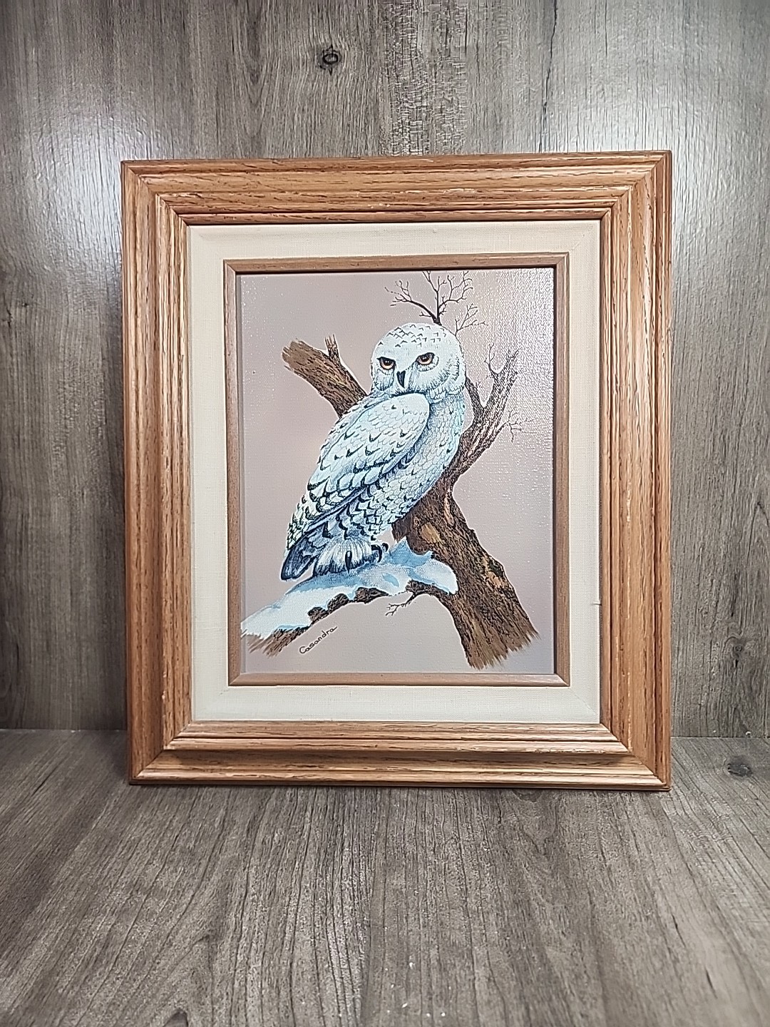 Vintage Snowy White Owl Bird Oil Painting Signed Casandra Professionally Framed