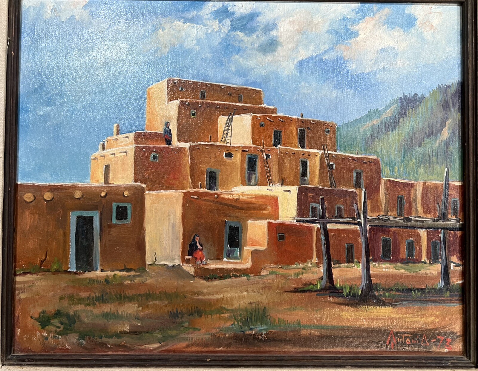 Taos Pueblo Original Oil on Canvas Painting, Native American Art, Signed Antonio