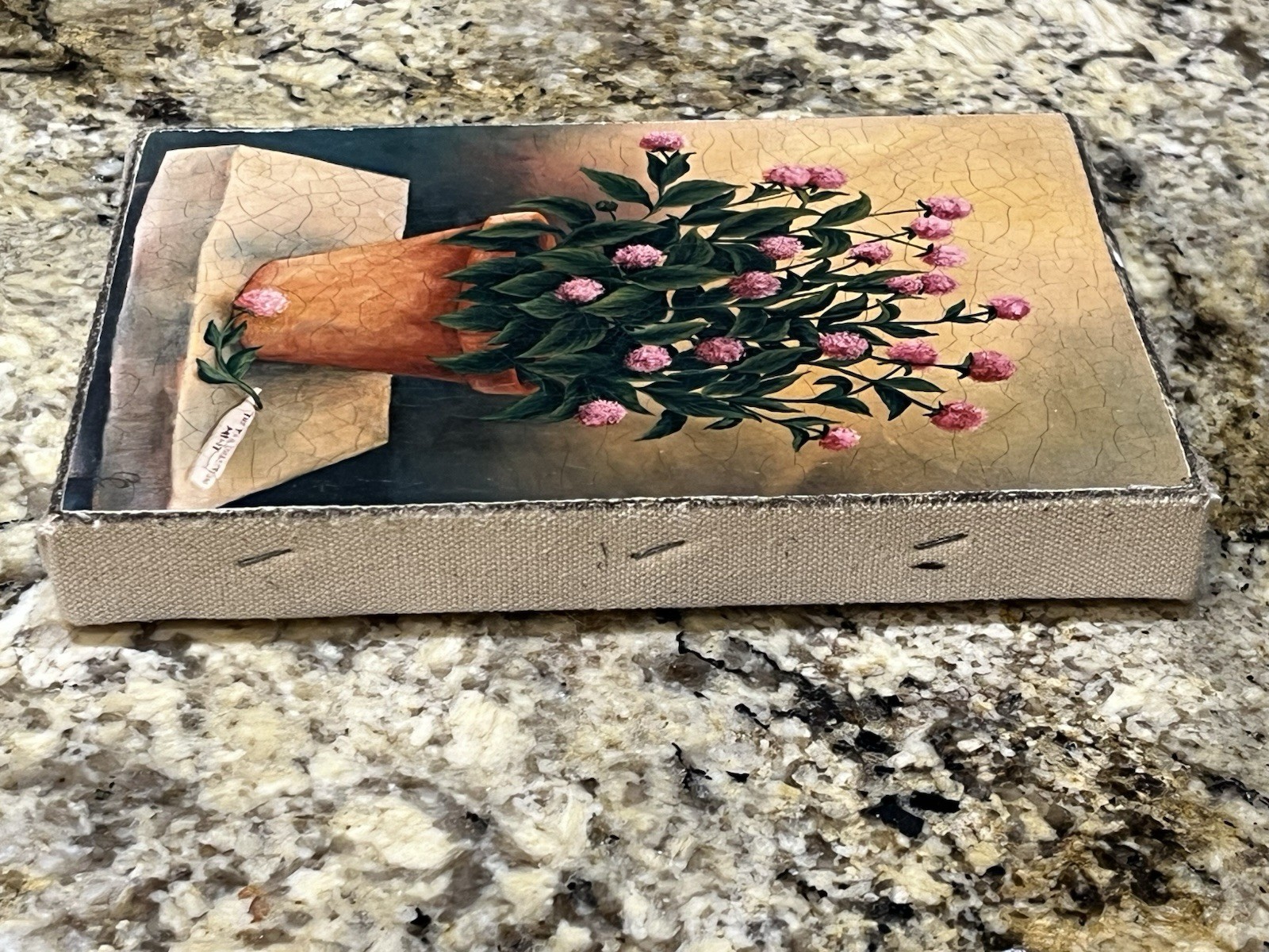 Signed European Pink Globe Amaranth Flowers Terracotta Pot Oleograph Framed Art