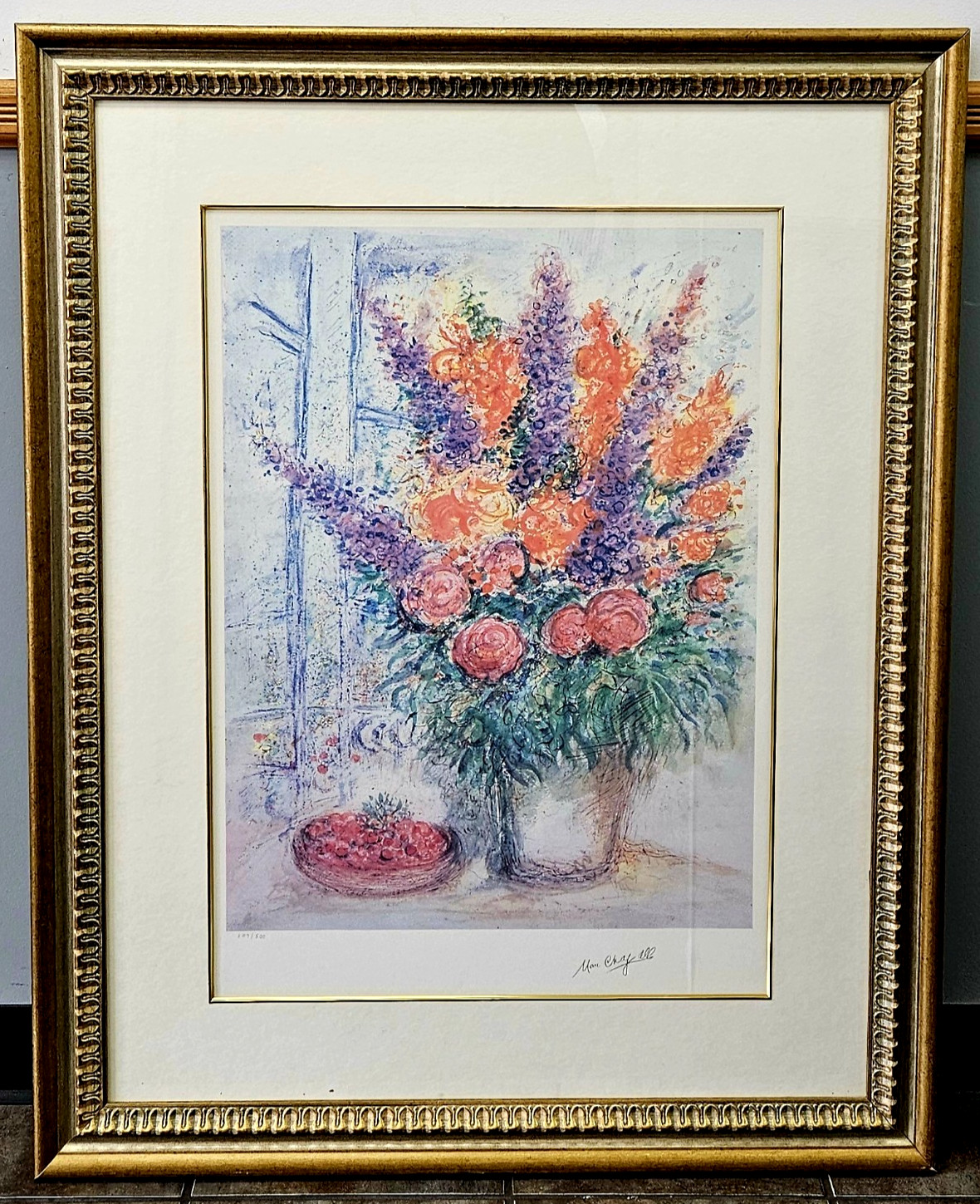 MARC CHAGALL Plate Signed Bouquet w/ Bowl of Cherries Limited Edition Litho COA