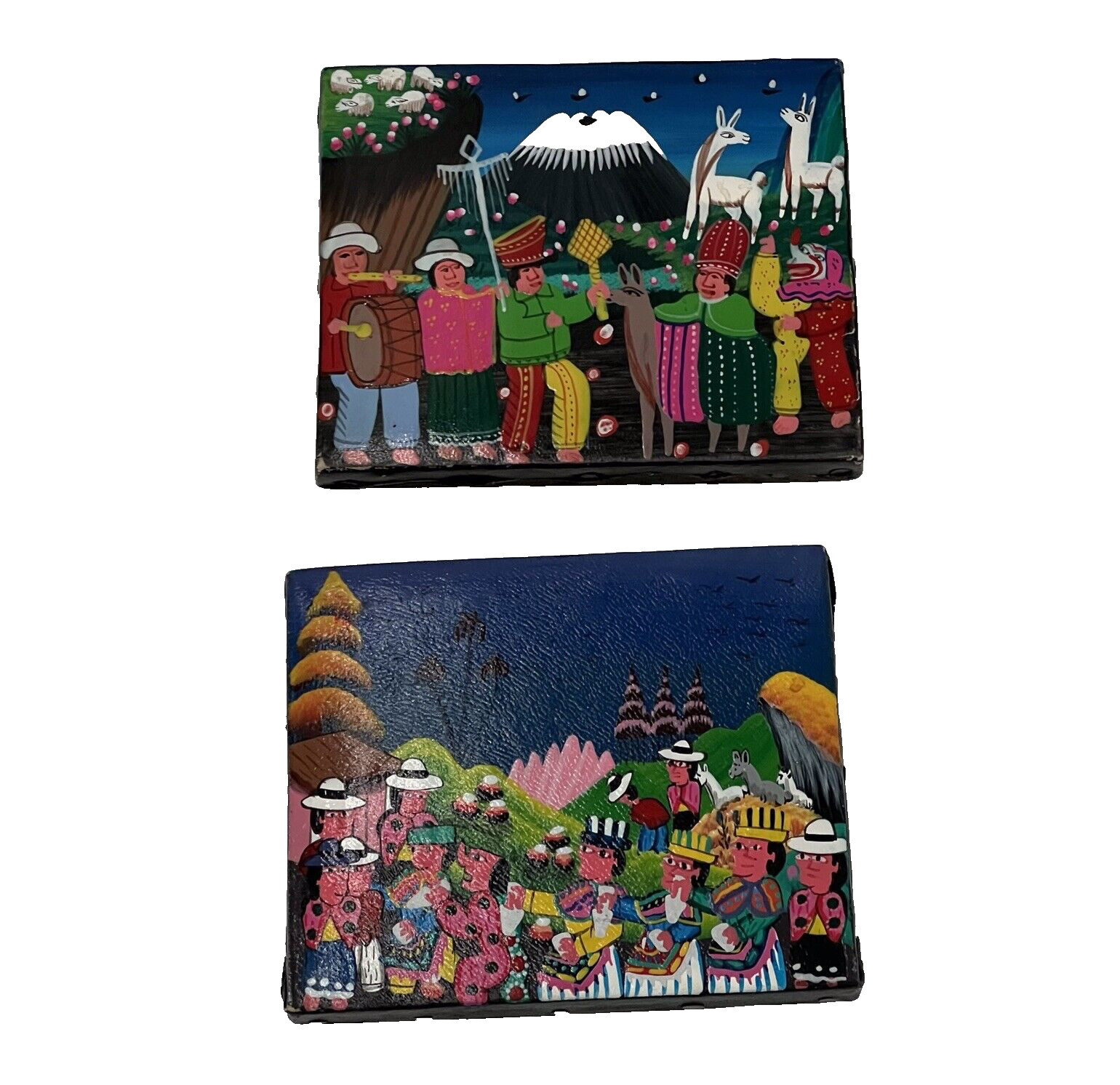 VTG Tigua Folk Art set 2 Ecuador Wedding 2001 Hand painted Sheepskin 4×3