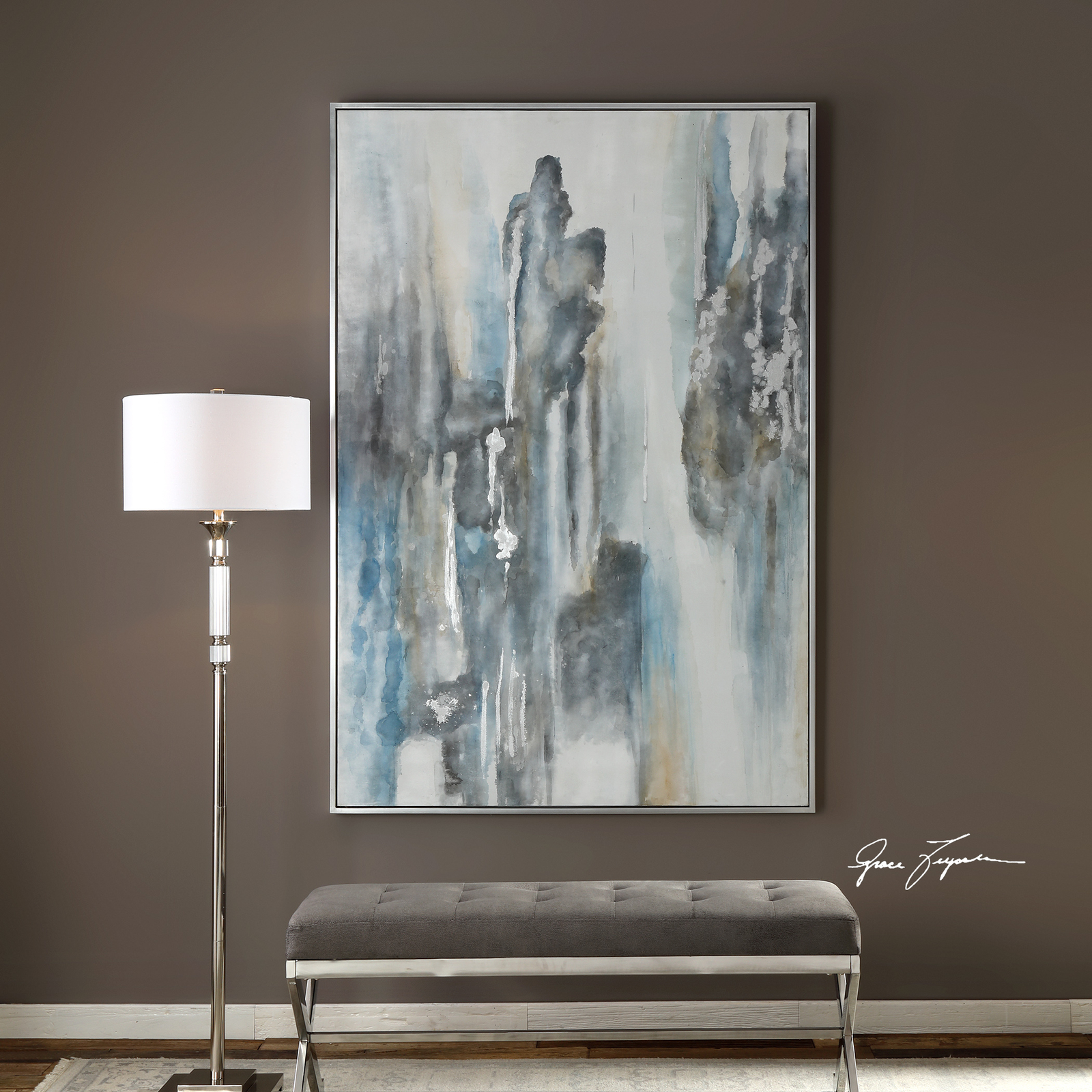 Oversize Blue White Gray Silver Abstract Art Painting | 74″ Wall Art Leaner Tall