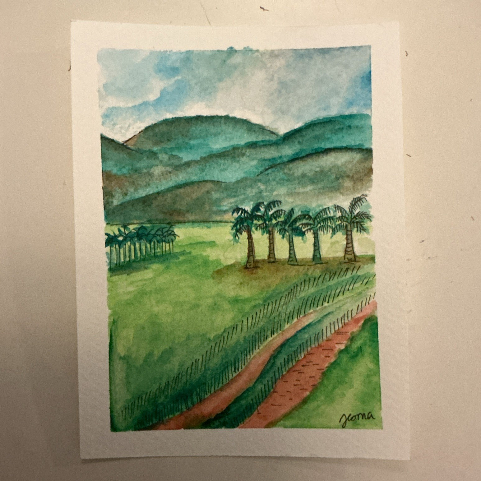 Original Signed Watercolor Landscape Painting on Postcard, kanyakumari GSM 300