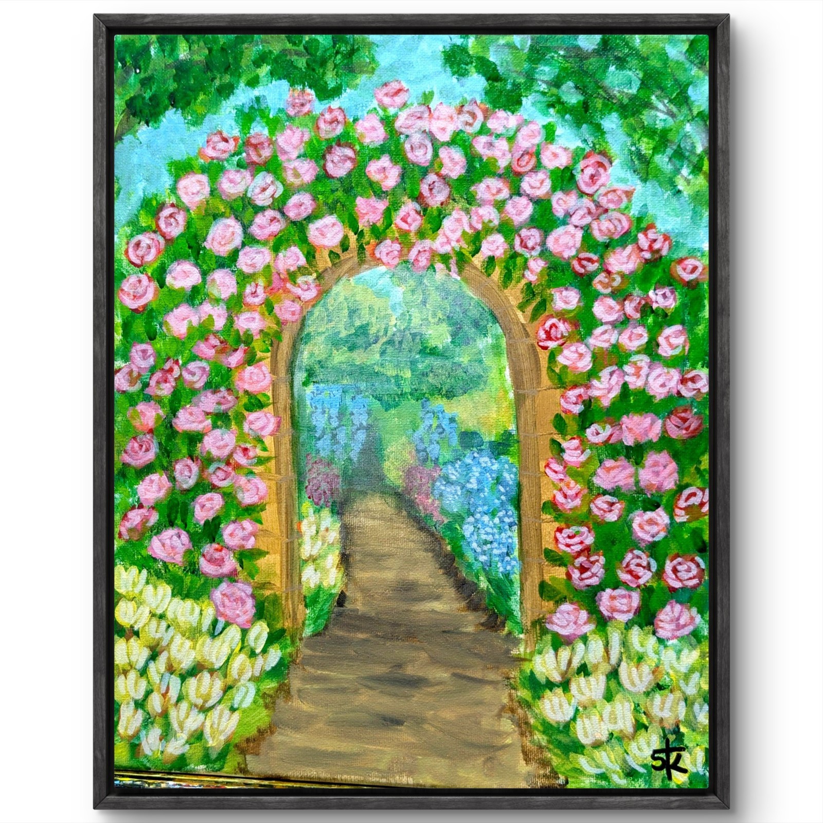 Original Contemporary 11×14 Rose Garden Arch Acrylic Canvas Impressionist Art