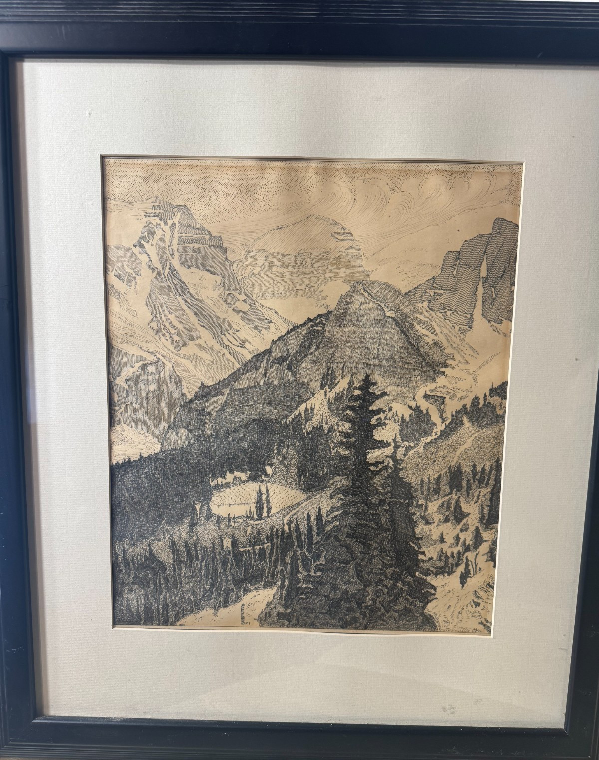 Superb John F Primoshic 34 «Colorado Rocky Mountains» Pen & Ink Drawing- Framed