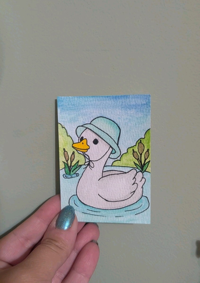 Aceo Original Watercolor Swimming Goose With A Hat Painting| #2 Of 3