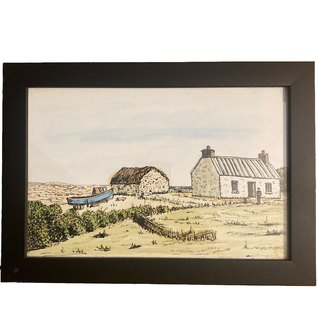 Ink And Watercolor English Cottage And Fishing Boat On The Seashore. In Frame