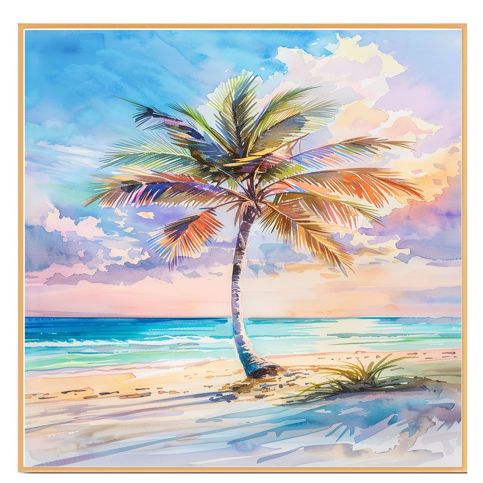 Tropical Beach Sunset with Colorful Palm Tree Watercolor Painting Ocean Canvas