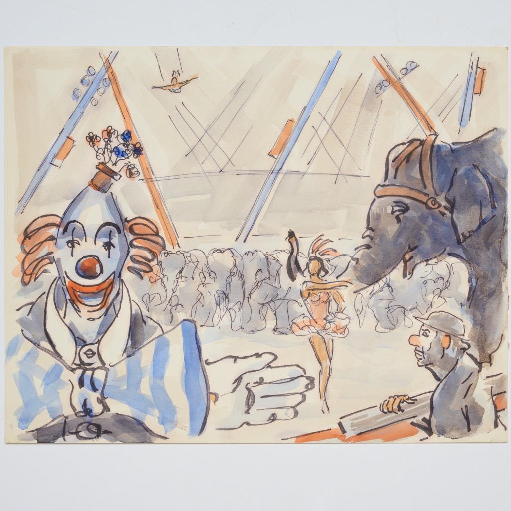 Ben Wolf Clown Circus Elephants Trapeze Colorful Watercolor Painting Signed 20″