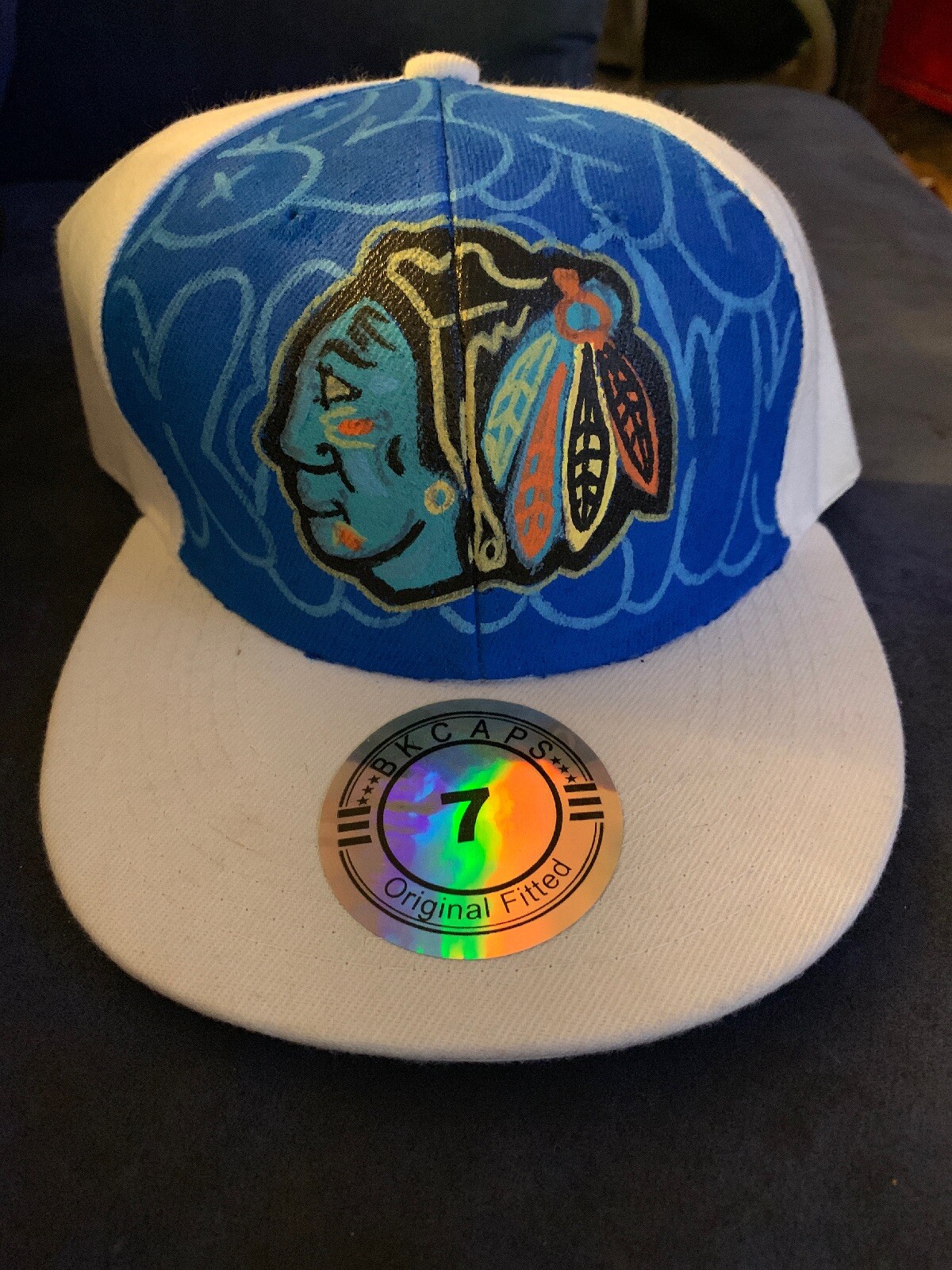 White Fitted 7 Hand Painted Chicago Blackhawks Hockey Ice Graffiti Shortiez Ink