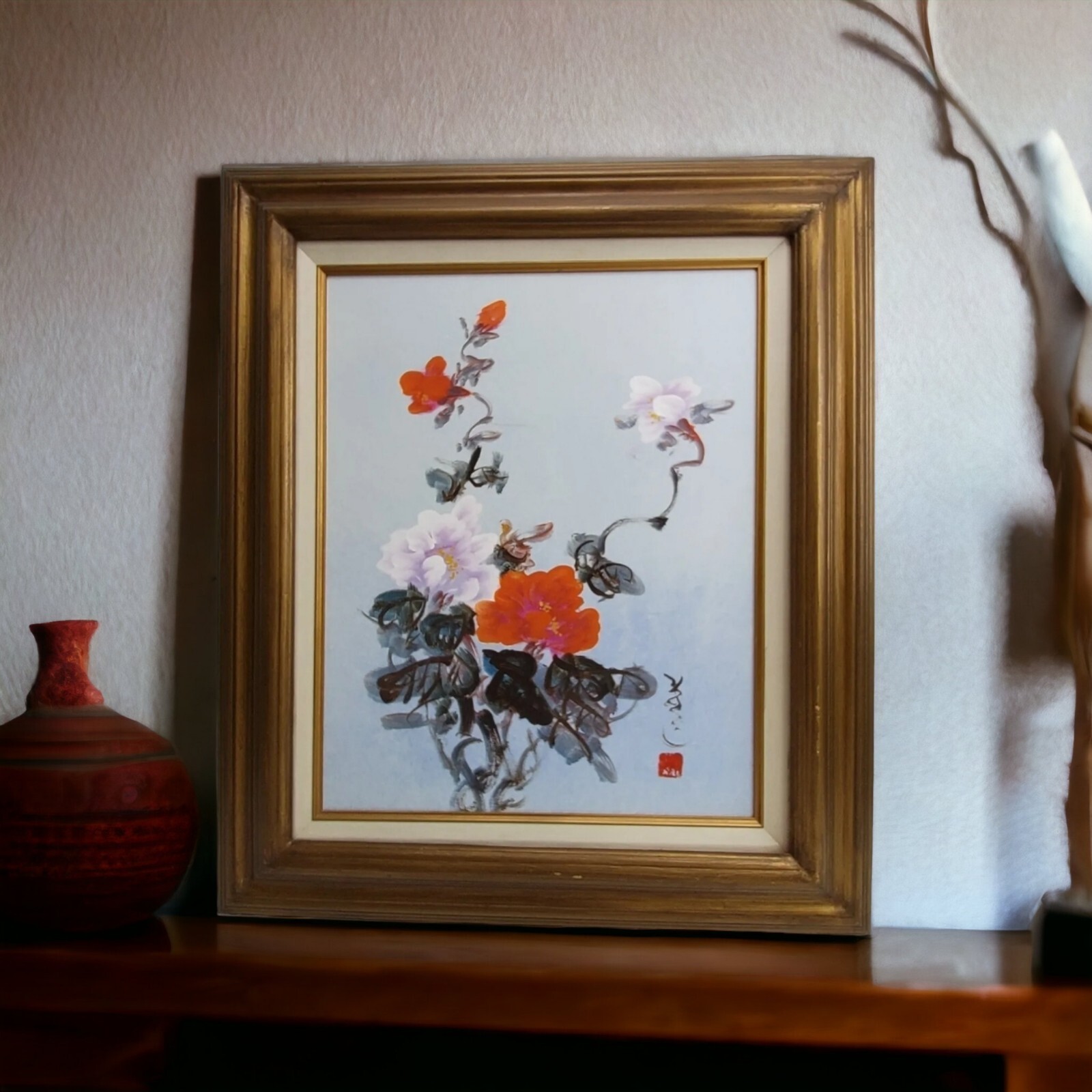 Vintage Original Asian Floral Flower Painting Red White Signed Framed 23×27