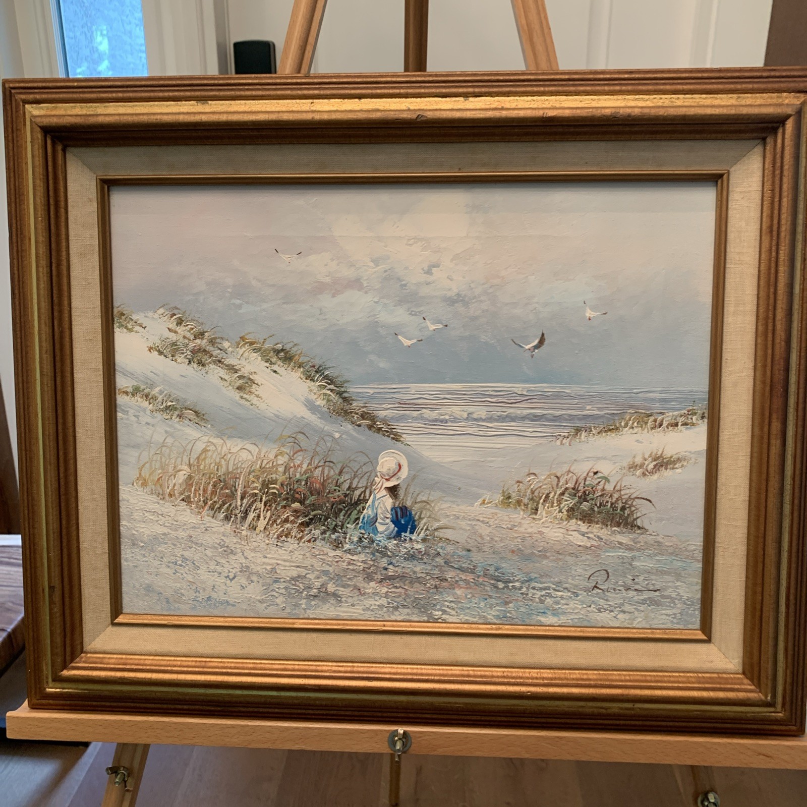 VTG Painting Edward Runci Nautical Beach Child On Beach Oil Canvas 21×17,5