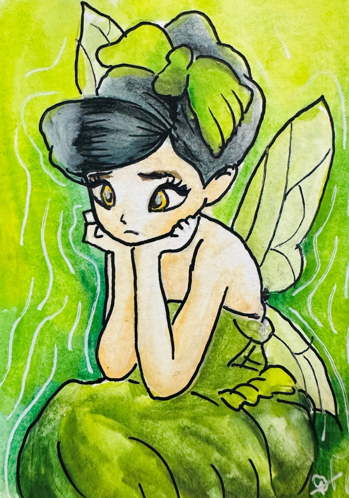 Fairy Girl Green ACEO Original Watercolor Painting Fantasy Illustration Cute Art
