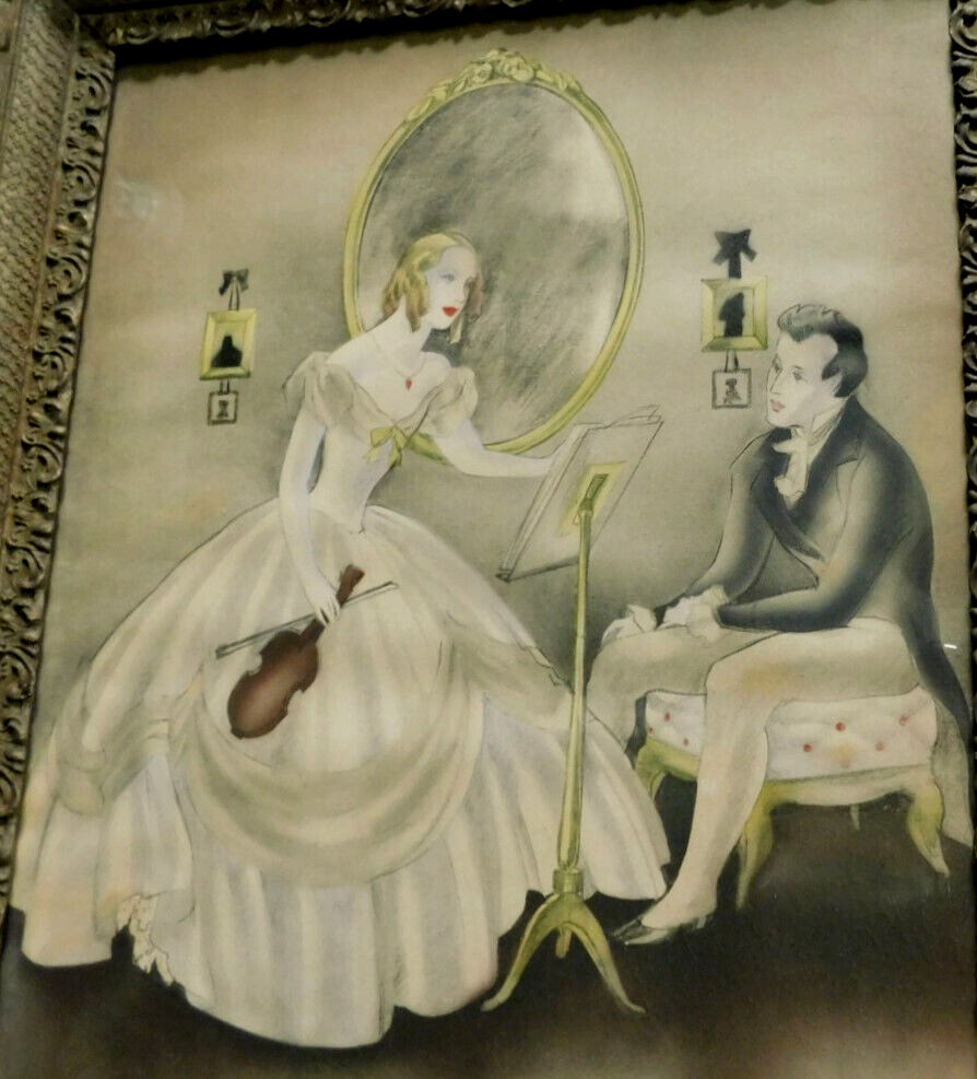 VERY WELL DONE ANTIQUE AMERICAN SCHOOL ORIGINAL MIXED MEDIA OF A MUSIC LESSON