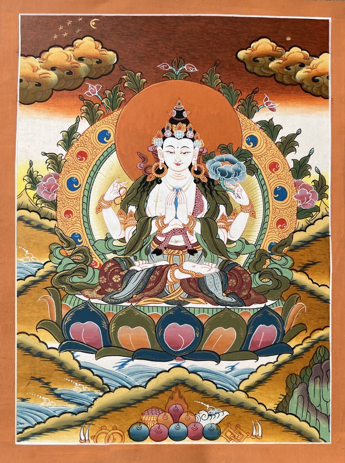ORIGINAL HAND-PAINTED AVALOKITESHVARA CHENREZIG TIBETAN THANGKA/ THANKA PAINTING