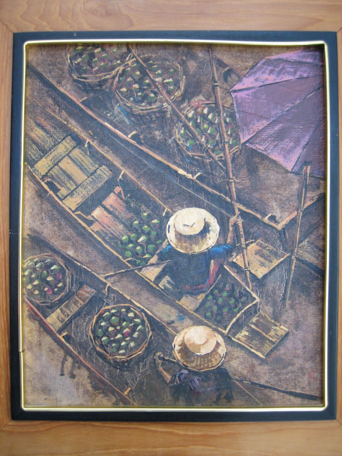 Vintage «The traders on the river» framed oil painting on board by AT