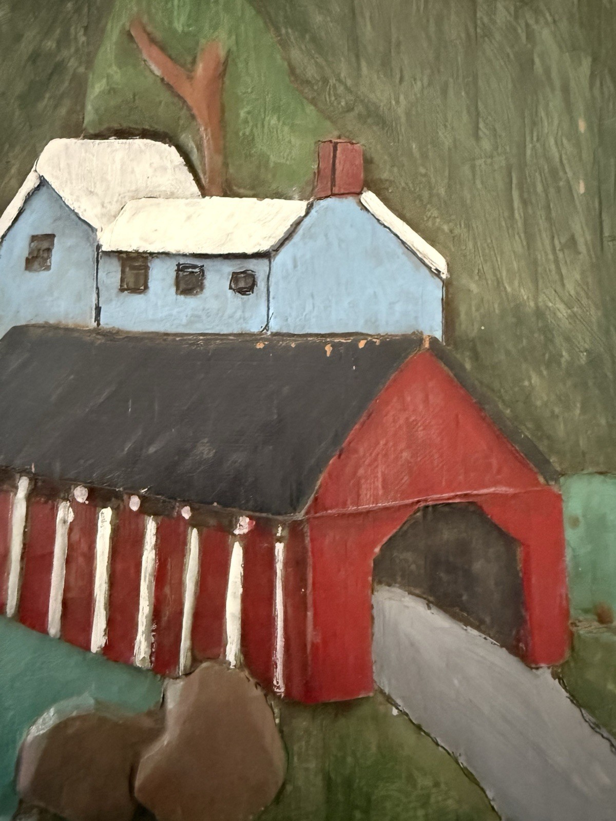 2 VTG 3D Folk Art Hand Carved Wood Plaque Painted Barn Farm Covered Bridge