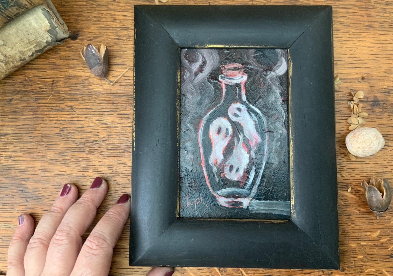 Original Art Ghost Painting Spook Framed 6.5×8.5″ Oil Painting Spooky Artwork