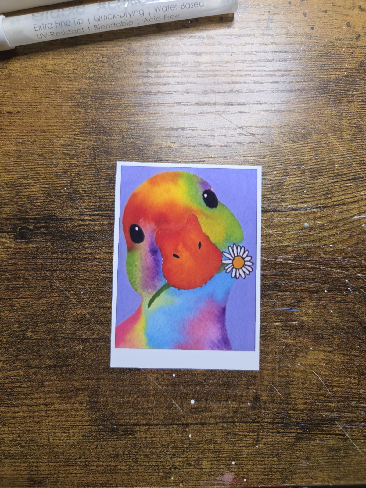 ACEO *Art Print Original Polaroid Rainbow Duck Watercolor Painting 2.5×3.5