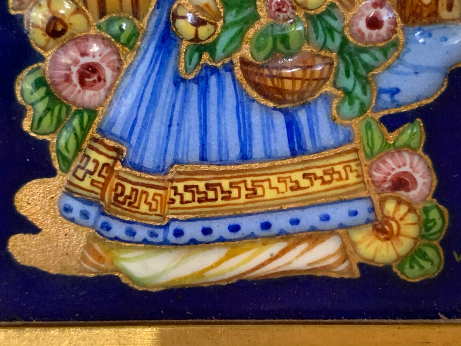 Vintage Framed Painted Enamel Flower Girl Plaque Art with Artist Initials