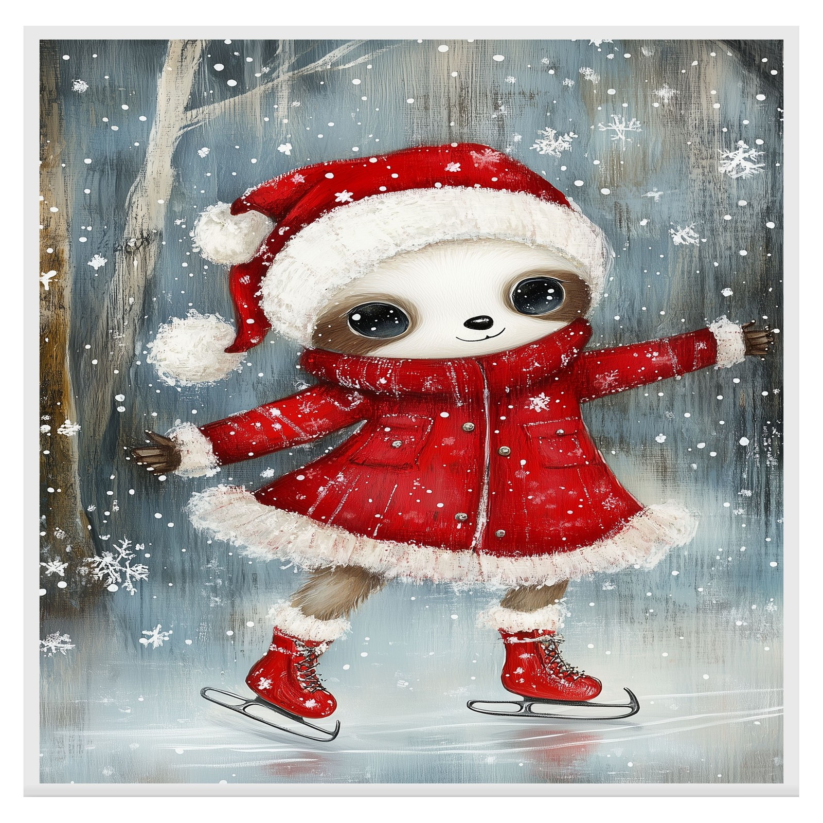 Christmas Sloth Winter Skating Red Coat Flat Rolled, Framed Or Wrapped Canvas