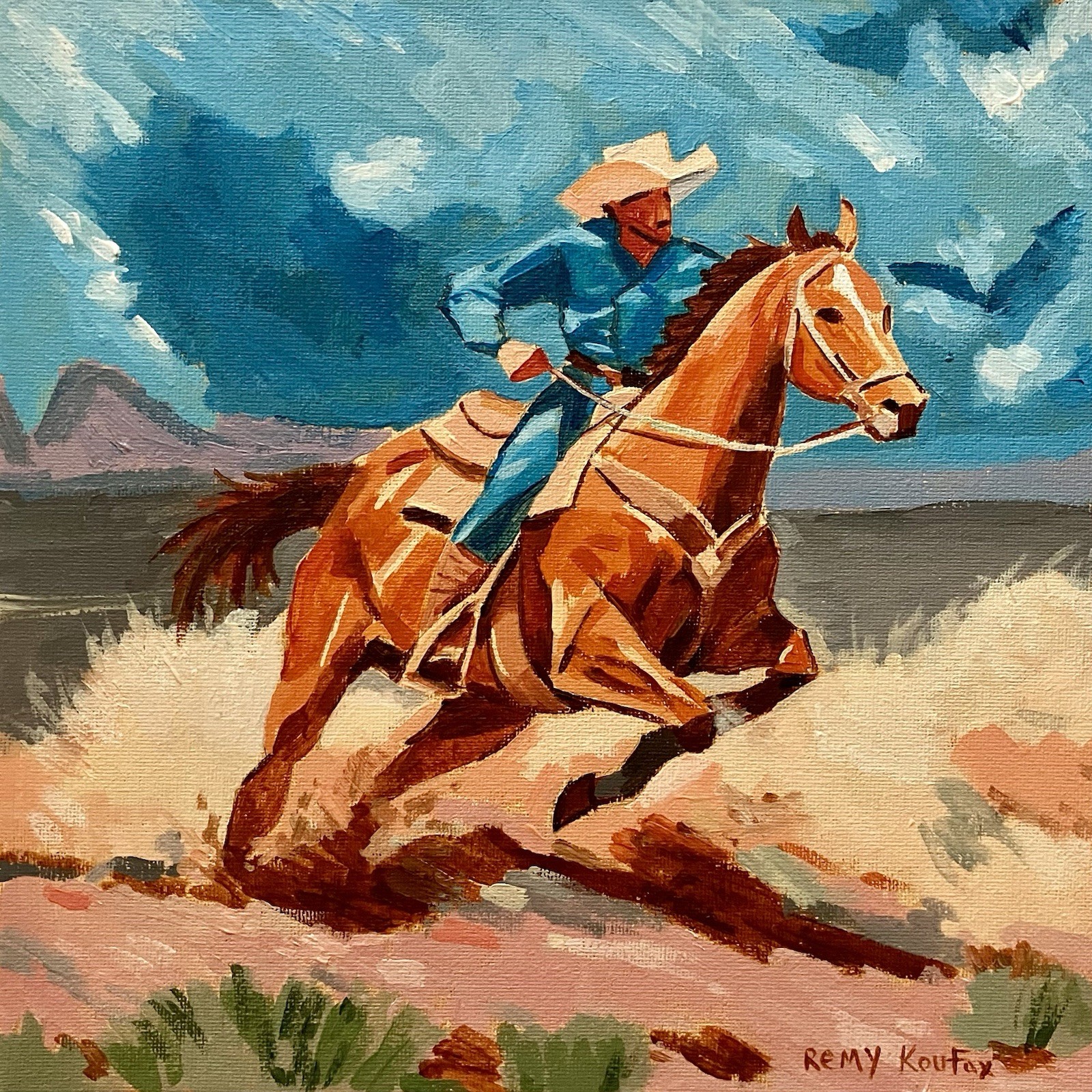Original Acrylic Western Painting Cowboy Horse Rider 10×10 Inches Signed Art