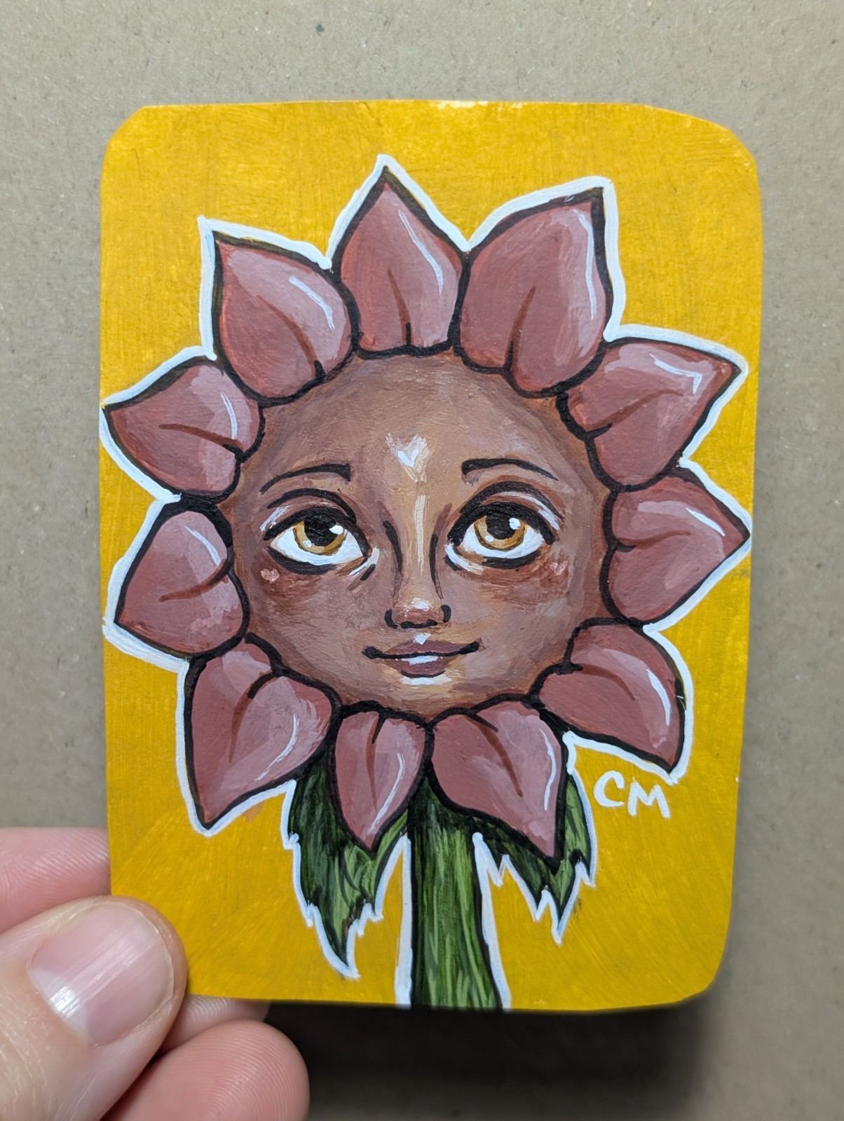 ACEO Original Sweet Baby Sunflower Face Acrylic Painting Hand Painted Art Card