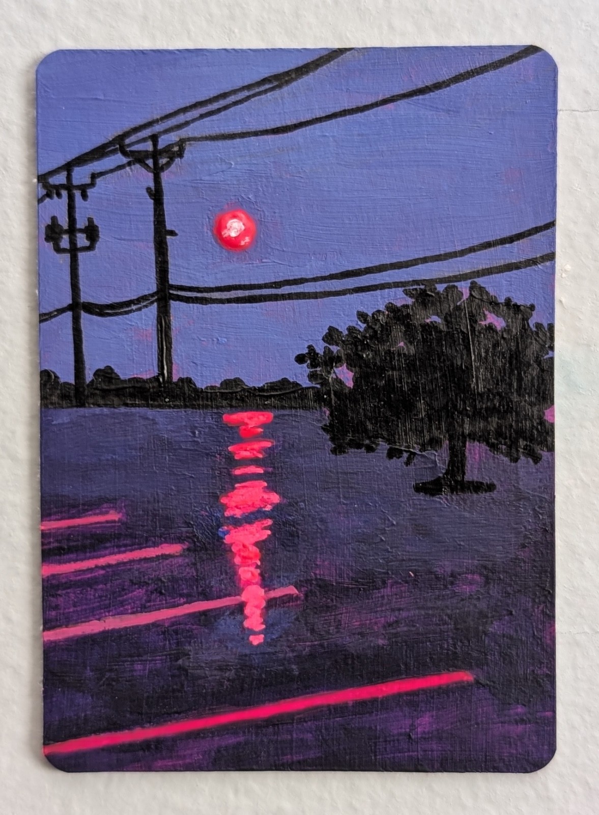 ACEO Original Art 2.5”x3.5”- Pink Moon Over an Empty Parking Lot- by Izzyb
