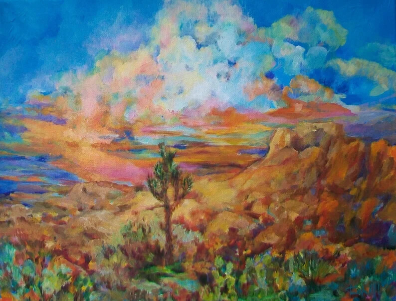 Joshua Tree Sunrise Original Acrylic Painting Southwest Desert Cactus Rock Yucca