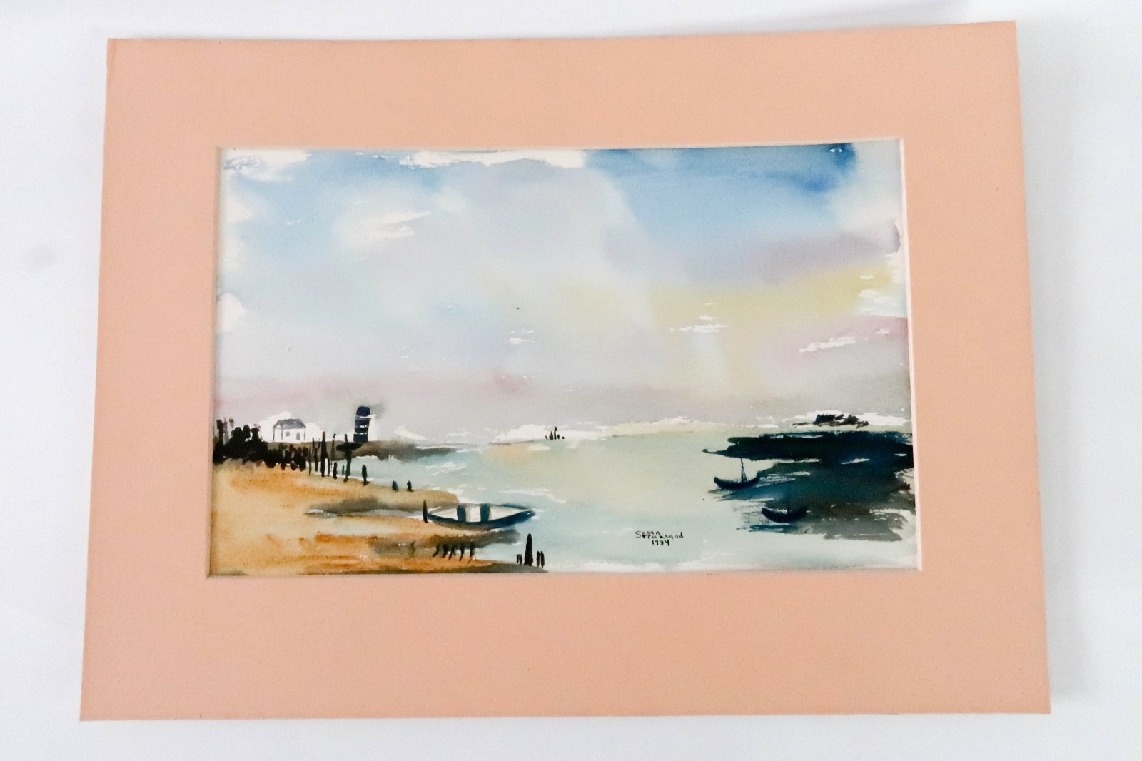 Nautical Watercolor Painting Coastal Scene with Boat SIGNED by Artist